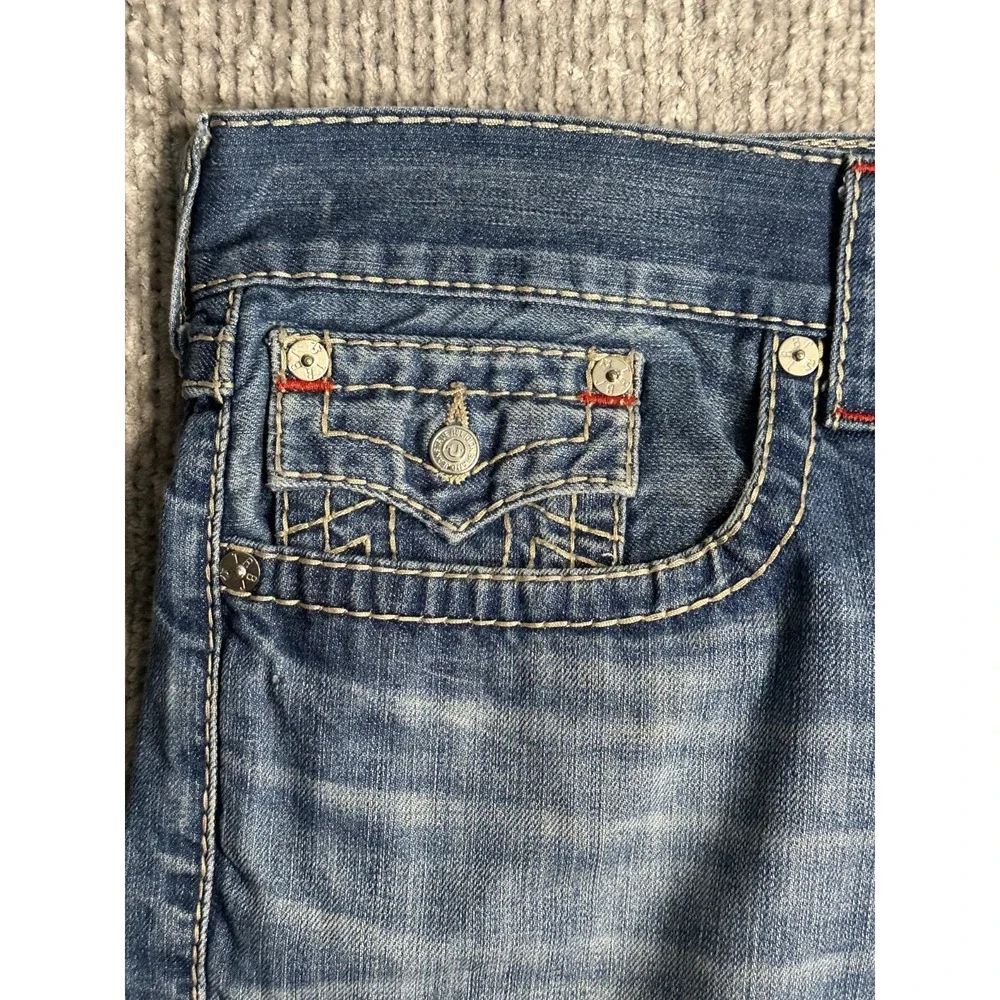 True Religion Straight Flap Old Multi Big T Distressed Blue Jeans Mens 40 X 34